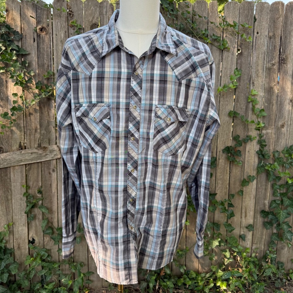 Vintage Wrangler Western Plaid Shirt Mens XXL Gray Blue Cowboy Long Sleeve Rodeo